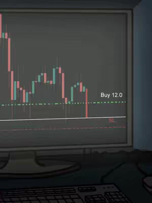 A computer monitor displays a stock chart with red and green candlesticks, indicating trading activity. The background is a dark, potentially nighttime, setting. Text overlay indicates a buying level.