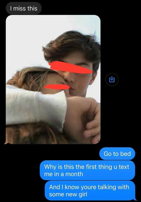 The image shows a screenshot of a text message conversation. In the middle ground, there is a blurred image of a couple embracing. On the top left, text reads 'I miss this'. At the bottom, there are blue text bubbles with different messages.