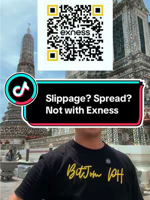 The cover image features a person in front of a temple complex. A QR code for 'exness' is at the center-top, and a text overlay reads, 'Slippage? Spread? Not with Exness'. The person wears a black t-shirt with gold text.