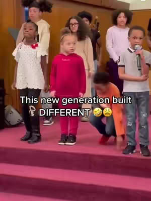 The cover image shows a group of young children, seemingly in a church setting. The children are of varying heights and are dressed in a mix of casual and slightly formal attire, including dresses and pants. The background suggests a stage area, and there's overlaid text that reads "This new generation built DIFFERENT" with crying and laughing emojis, indicating a humorous or relatable comment concerning their behavior. The composition suggests a candid moment, possibly a performance or a gathering. Colors consist of bright red from the stage and clothing alongside more neutral tones of skin and clothing.