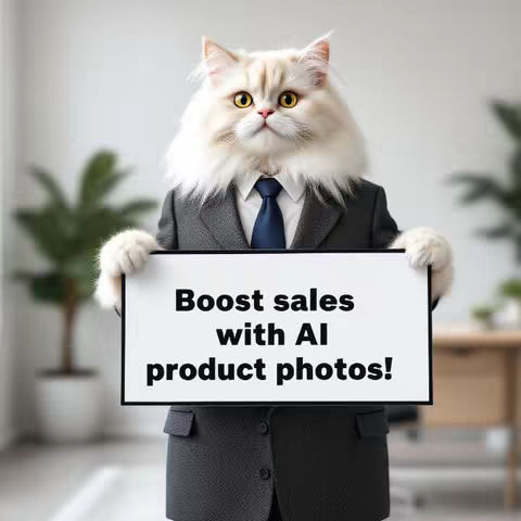 An image featuring a cat wearing a business suit and holding a sign that reads, 'Boost sales with AI product photos!' The cat is the central figure, set against a blurred office-like background. The image is well-lit, and the color palette is muted with a mix of realistic and slightly stylized elements.