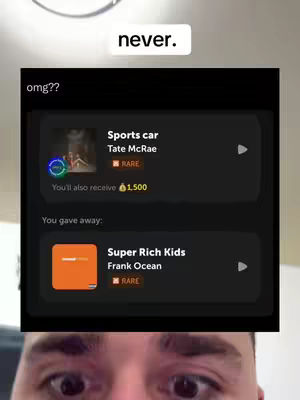 The cover image features an app screen displaying a music selection and the creator's face, with the text overlays. The app screen shows two song titles with artists, and a reward amount of 1500. The creator's face takes up the lower half with a wide-eyed expression focused in interest.