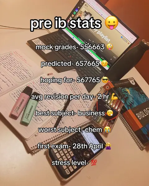 The image features a laptop with a playlist visible on the screen, surrounded by school supplies like notebooks, highlighters, a pen, and a calculator. Text overlays provide statistics, grades, and study-related information. The composition is casual, with items arranged on a surface that appears to be a desk, with a bottle on the right side and textbooks