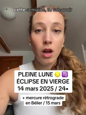 The cover image shows a woman speaking to the camera with text overlays. She has long, light-brown hair; the background is simple, featuring a ceiling and a portion of a door. There’s a prominent text box at the bottom detailing astrological event details.