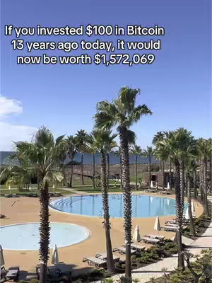 An image featuring a tropical resort setting with a swimming pool, palm trees, and text about Bitcoin investment.