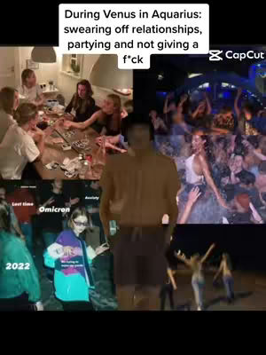 The image is a split screen collage. The left side shows multiple image parts: a group of people eating at a table, a person in a colorful jacket, text saying 2022 and Omicron. The right side shows people dancing at a party. In the center, a person stands facing forward.