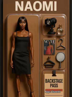 An image resembling a toy package featuring a woman standing in a dress, along with props suggesting a backstage setup. The top is a light brown banner with the name "NAOMI" in capital white letters. Beneath the name, there's a vertical display divided into two sections. On the left, Naomi is standing tall, wearing a black dress with thin straps. To the right, there are multiple items in individual compartments, suggesting preparation.