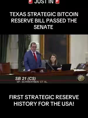 The cover image features a video clip of a man in a suit addressing an audience behind a podium. Text overlays, likely added as hooks, highlight key phrases related to the Texas Senate passing a Bitcoin reserve bill.