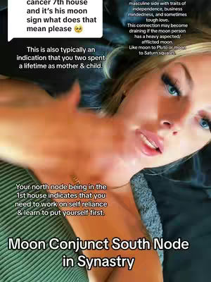 A woman with blonde hair lounges, partially obscured by a hand, with overlaid text boxes discussing astrology. She has fair skin, blue eyes, and a direct gaze towards the camera. A small gold necklace is visible. The background is dark, with hints similar to a dark colored blanket or fabric. Text bubbles with text from the image are interspersed throughout the image, contributing to the astrological content.