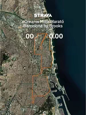 A map of Barcelona with a highlighted route indicating the course of the Mitja Marató Barcelona, overlaid with Strava and race details.
