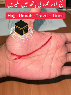 A person's hand is shown, palm up, with a red line drawn across it representing a palmistry reading. Overlayed in the image is a depiction of the Kaaba.