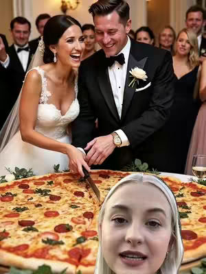The cover image captures a joyful wedding moment featuring a bride and groom cutting a large pizza instead of a traditional cake. The bride, in a white wedding dress with a sweetheart neckline, and the groom, in a black tuxedo, are smiling widely. The pizza, the focal point, is round, topped with tomato sauce, pepperoni, and basil. In the bottom right corner, a selfie of a woman with blonde hair is overlaid.