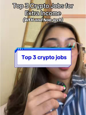 A selfie-style video cover shows a woman with blonde hair and glasses, holding a small black object, possibly a microphone. Overlayed text in a stylized frame reads, "Top 3 crypto jobs." The background features a light-colored wall and a portion of a woven structure, creating a simple backdrop and focusing attention on the woman and the text.