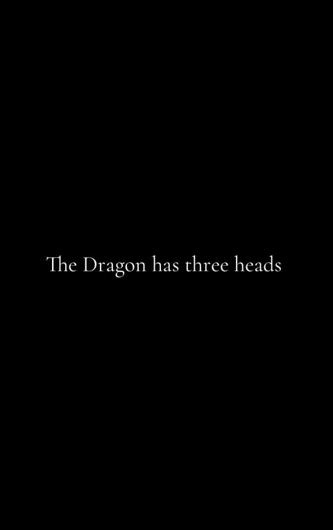 A stark black background with white text in the middle that states, "The Dragon has three heads."