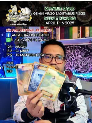 A man with glasses holds up three tarot cards, set against a backdrop of bookshelve and astrological symbols. Text overlays provide additional information, and a microphone sits in the foreground.