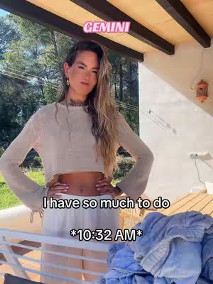 The image shows a young woman outdoors in a light beige outfit. She stands on a balcony with trees in the background and a partially covered roof. The text overlays say 'GEMINI', 'I have so much to do', and '*10:32 AM*'.