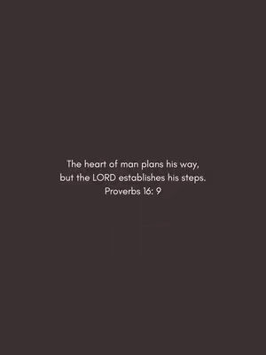 An image with a dark brown background. Centralized on the frame is a white text overlay detailing a Bible verse from Proverbs 16:9.