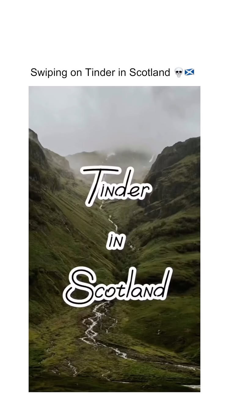 The image shows a scenic view of a mountainous landscape in Scotland, featuring a deep valley with a winding river at its center. The dominant colors are green, representing the vegetation on the slopes, and gray, from the cloudy sky and possible mist or fog in the background. Text overlays are placed over that, creating a layered aesthetic.
