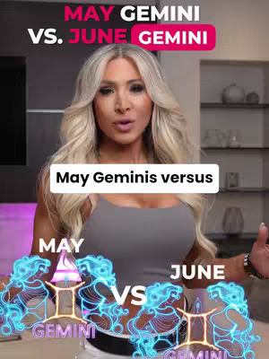 A blonde woman with long wavy hair poses in front of a neutral background. The image has overlays with text about Gemini astrology, including the title "May Gemini vs. June Gemini" in a pink and red banner at the top, with a white rectangular text overlaid at the middle "May Geminis versus", and at the bottom various elements of the astrological signs of Gemini.