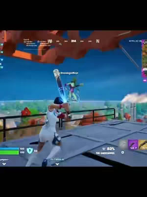 The cover image shows a scene from the video game Fortnite. A figure in a white uniform aims a bow and arrow while standing on a platform. Another character is visible in the background, and the scene is set against a blue sky with landscape elements. Game UI elements are partially visible along the edges. The overall color tone is bright due to the game graphics.