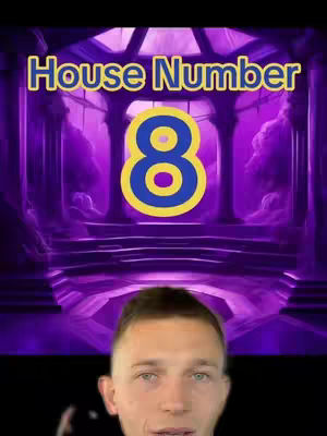 A man's face is framed at the bottom of the screen, with a complex purple-toned background. Above the man, centered on the frame, is a large '8' in yellow with a blue outline, within a series of purple columns that suggest the indoors to the viewer. The words 'House Number' are in a yellow sans-serif font above the eight.