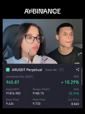The cover image displays a split-screen composition featuring two individuals and in-app data. On the left side is a woman wearing glasses, with a pen in her mouth, seated in front of a computer screen. On the right side, a man is seen, looking towards the right-hand side of the view. At the bottom, details about a perpetual trading pair (ARUSDT) on the Binance platform is shown.