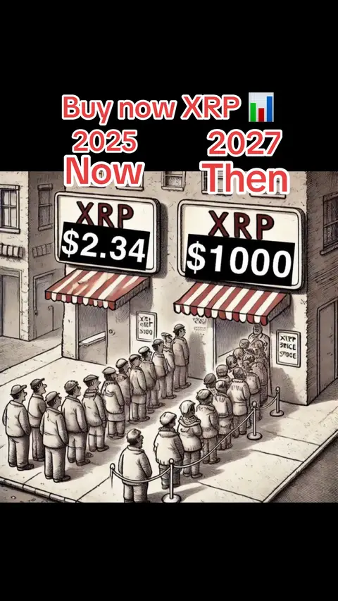 The cover image is a cartoon-style illustration depicting two buildings. On the left, a storefront has a sign that reads "XRP $2.34" and a line of people waiting outside. On the right, the storefront has a sign that says "XRP $1000" and a longer line of people. Text overlays state "Buy now XRP", "2025 Now", and "2027 Then."