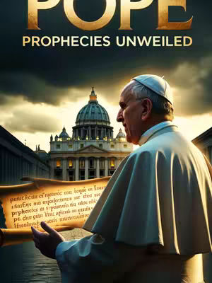 The cover image depicts Pope Francis in a white papal cassock and skullcap, positioned in front of St. Peter's Basilica under a dramatic, cloudy sky. The title 'POPE' is in large gold letters at the top and 'PROPHECIES UNVEILED' in a smaller gold font underneath. The Pope is holding a scroll with text.