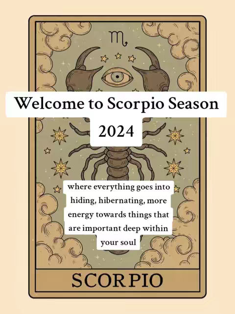 A tarot card design with a light brown background. A bordered card features an image of a scorpion below a symbol. The elements have beige, brown, and cream tones. The text overlay includes the title "Welcome to Scorpio Season 2024".