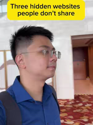 A man in a blue shirt and glasses stands in front of a blurry indoor background. A yellow rectangle across the top states "Three hidden websites people don't share."