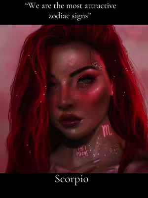 A stylized digital artwork features a woman with rich red hair and subtly glowing skin. The image predominantly uses a palette of red and dark tones, enhancing her features. Text that reads "We are the most attractive zodiac signs" is overlayed at the top, and "Scorpio" at the bottom.