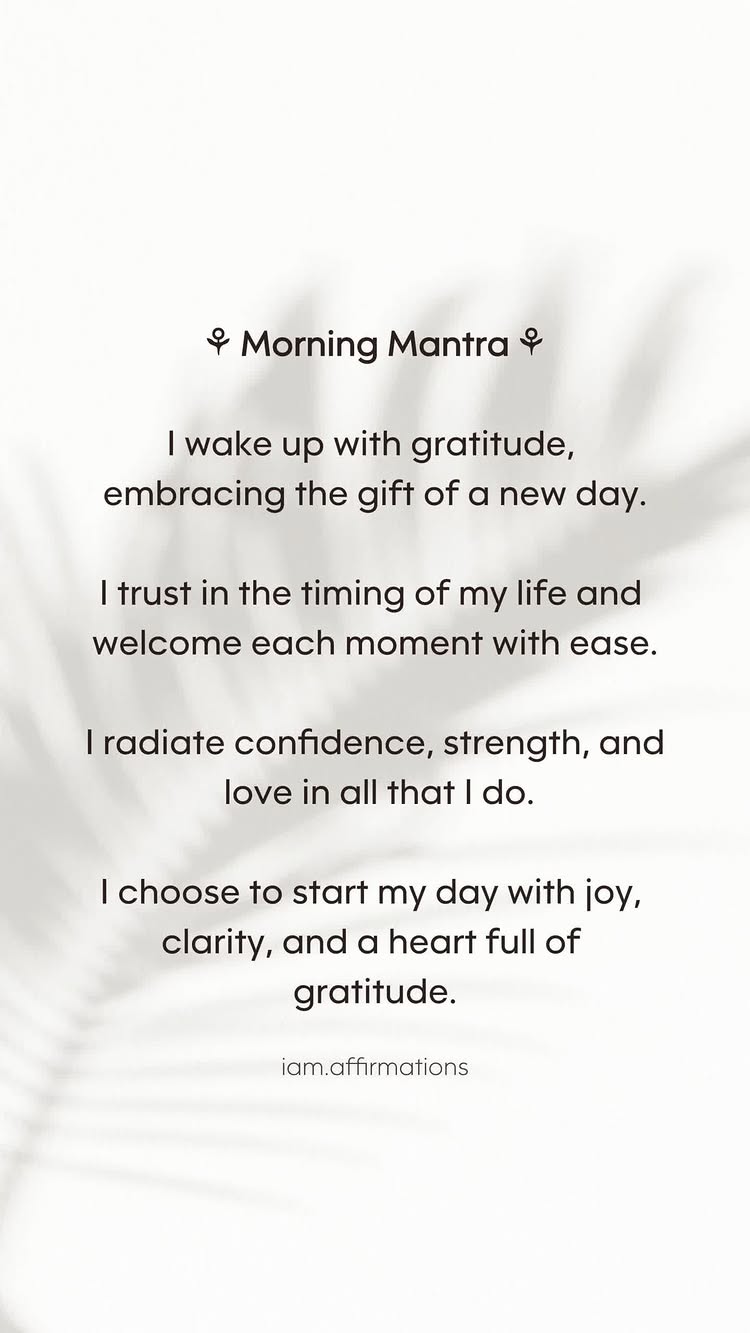 The cover image is a minimalist design featuring a white background with text overlayed in black. Soft, blurry shadows, possibly from leaves, are faintly visible, adding a subtle texture. The layout is centered and clean, with text stacked to form a visually balanced composition. The overall aesthetic is calming and designed to promote positivity and reflection.