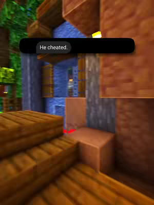 The cover image shows a scene in a pixelated environment, possibly from the game Minecraft. The setting is a wooden structure with visible steps and walls. Overlayed on the image is a black rectangle containing the text 'He cheated.'