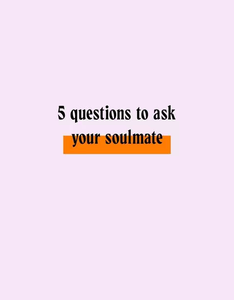The cover image features a light pink background with text overlayed. The text reads '5 questions to ask your soulmate' in a bold, black font. The words 'your soulmate' are highlighted by an orange, rectangular box that sits underneath them.