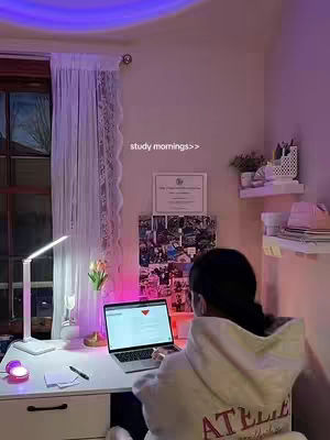A well-lit room setup for studying. A person is sitting at a desk with a laptop. The setting consists of a desk with a laptop, a lamp, and papers, a window with curtains, and a shelf. Soft lighting creates a warm, inviting atmosphere. The person is wearing a white hoodie, providing a focus on productivity and study.