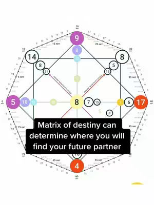 The cover image displays a complex diagram resembling a geometric chart or astrological map. It features a series of interconnected circles and lines, with numbers inscribed within some of the circles. The central focus has a text overlay within a black rectangle: Matrix of destiny can determine where you will find your future partner'. The background is a gradient of white to an off-white. The overall design exhibits a detailed and mathematically based concept, characteristic of astrology or numerology.