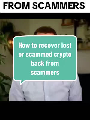 A person is centered in a video frame, with a green speech bubble overlay containing text about recovering lost crypto. The person appears to be male, with a neutral background. The composition is focused on the person with the text bubble adding a clear call to action.