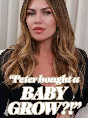 A woman with long wavy blonde hair is the central focus, her gaze directed towards the viewer. She's wearing a black top. Text overlayed on her highlights "Peter bought a BABY GROW?!"