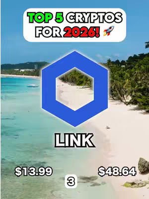 The cover image is a vertical graphic featuring a tropical beach scene with a light blue hexagon graphic. Above the hexagon is a white rectangle with green text that reads 'TOP 5 CRYPTOS FOR 2026!' with a rocket ship icon. Below the hexagon is the word 'LINK' in bold white text. At bottom, there are price predictions for of '$13.99' and '$48.64', and a number 3 in a white circle.