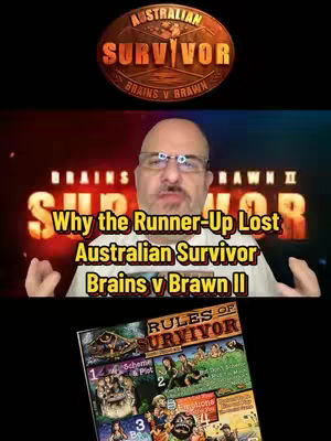 The cover image is a composite. At the top, there's the 'Australian Survivor' logo, a circular emblem in a brassy, embossed style. Beneath, the main image features a man with glasses and a bald head, centered. Text overlays read 'Why the Runner-Up Lost' and 'Australian Survivor Brains v Brawn II' in a vibrant, dynamic font. Below this, a book cover with multiple images.