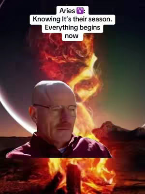 The cover image is a meme featuring a portrait of a mature man with glasses and a bald head. The man is set against a surreal backdrop of flames and a fiery sky, with a partial planet or moon visible in the background on the left. Text overlays are present at the top, identifying him with the Aries zodiac sign.