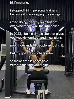 A woman is shown from the back while seated in a gym machine, with a text overlay on the image. The woman has her arms raised, holding onto the machine handles, and is wearing workout clothes.