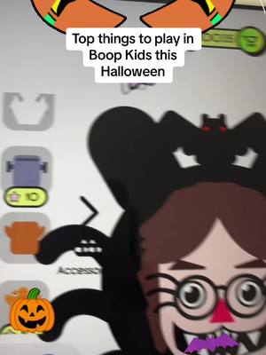 The cover image shows a cartoon-styled face with glasses, a bat-shaped mouth, and a spooky bat-wing shadow. The text overlay reads 'Top things to play in Boop Kids this Halloween'. The overall composition has a playful look and feels. There's a pumpkin and Frankenstein's monster icon visible for added context.