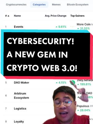 The cover image features a screenshot of a cryptocurrency trading platform with a man in the foreground. The platform interface displays categories and data, showing average price changes and top gainers. An overlaid rectangular box highlights 'CYBERSECURITY! A NEW GEM IN CRYPTO WEB 3.0!' The man in the foreground is wearing glasses and a red shirt, appearing engaged and looking towards the camera.