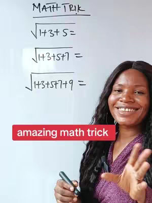 A woman with long black hair smiles and gestures towards a whiteboard on which math equations are written, with a red rectangle labeled "amazing math trick".