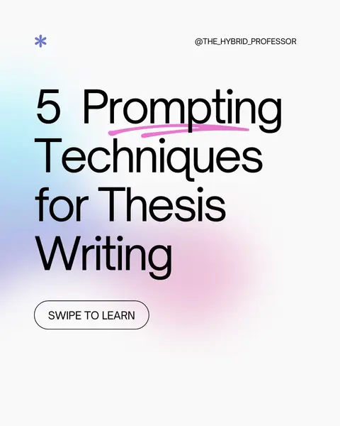 The image has a light, softly blurred background with a gradient of light blue at the top transitioning to pastel pink at the bottom. The text "5 Prompting Techniques for Thesis Writing" stands out in large, bold, black letters. The text "Prompting" has an underlined effect. The title is accompanied by a small, light purple asterisk in the top left corner. Below the title, a white rounded rectangle with the text "SWIPE TO LEARN" and the creator's username, centered next to the top right corner.