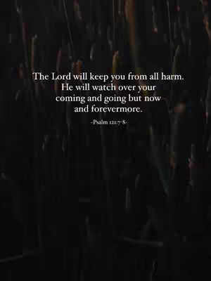 A dark, abstract background with blurred streaks is overlaid with white text. The text is a quote from Psalm 121:7-8.