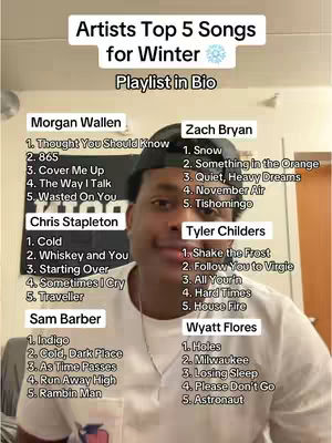 A selfie-style video cover featuring a young man with a list of songs for winter, presented in a clean, list-based layout against a white backdrop. The creator is wearing a t-shirt and a black cap. Text overlays highlight the video's theme.