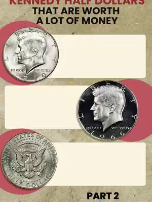 A vertical layout with a tan background features three sections. Each section includes a coin on the left side and a white rectangular space to the right. At the top, large text announces "KENNEDY HALF DOLLARS THAT ARE WORTH A LOT OF MONEY." Circular red backgrounds are behind the coin images, and the text "PART 2" is at the bottom.