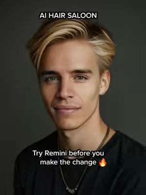 A close-up image of a man with short, highlighted blonde hair. He has a neutral expression, a light complexion, and is wearing a black shirt and a silver chain necklace. The background is a blurred, dark grey color behind him. Text overlays are positioned above and below the subject's head, using white and black fonts.